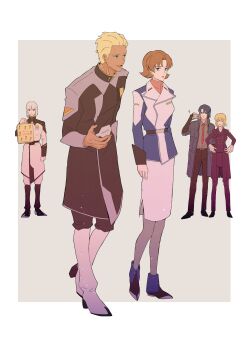 2girls 3boys athrun_zala bag blonde_hair bob_cut boots brown_hair cagalli_yula_athha camera couple dearka_elsman gundam gundam_seed gundam_seed_destiny gundam_seed_freedom highres holding holding_bag holding_camera jacket leggings long_sleeves looking_at_another looking_to_the_side mature_female mature_male medium_hair military military_jacket military_uniform military_vehicle miriallia_haw multiple_boys multiple_girls necktie pants parted_bangs shopping_bag side-eyed swept_bangs talking yuka_(yu16xx) yzak_joule zaft_(gundam) zaft_uniform