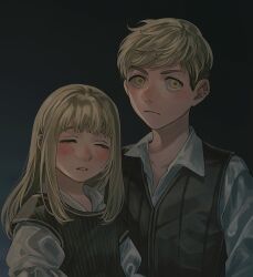 Rule 34 | 1boy, 1girl, aged down, black vest, blonde hair, blush, brother and sister, child, closed eyes, collared shirt, dungeon meshi, facing viewer, falin touden, falin touden (tallman), green background, highres, laios touden, looking at viewer, medium hair, parted lips, sasakura34, shirt, short bangs, short hair, siblings, simple background, upper body, vest, white shirt, yellow eyes