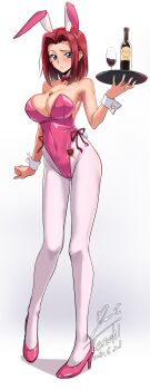 1girl absurdres alcohol animal_ears arm_at_side bare_shoulders between_breasts blue_eyes bottle bow bowtie breasts code_geass commentary cup dated detached_collar drinking_glass fake_animal_ears fake_tail fingernails full_body gluteal_fold heart high_heels highleg highleg_leotard highres holding holding_tray kouzuki_kallen large_breasts leotard light_blush long_fingernails looking_at_viewer medium_hair nail_polish pantyhose parted_lips pink_leotard pink_nails pink_pantyhose pink_shoes playboy_bunny pumps rabbit_ears rabbit_tail raised_eyebrow red_bow red_bowtie red_hair shadow shoes side-tie_leotard signature simple_background solo standing strapless strapless_leotard tail teeth tray white_background white_wrist_cuffs wine wine_bottle wine_glass wrist_cuffs yoo_tenchi