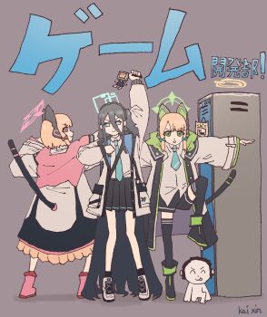 1boy 4girls :p absurdres animal_ear_headphones animal_ears aris_(blue_archive) arms_at_sides arms_up black_hair black_shorts black_skirt black_thighhighs blonde_hair blue_archive blue_eyes blue_halo blue_necktie boots cat_ear_headphones cat_ears doodle_sensei_(blue_archive) dragon_ball facing_viewer fake_animal_ears game_development_department_(blue_archive) ginyu_force_pose green_eyes halo headphones highres hood hoodie in_locker kai_xin kei_(robot)_(blue_archive) leg_up locker looking_at_viewer midori_(blue_archive) momoi_(blue_archive) multiple_girls necktie open_mouth pink_boots pink_eyes pink_halo pleated_skirt sensei_(blue_archive) shirt shorts skirt tail thighhighs tongue tongue_out v-shaped_eyebrows white_shirt yuzu_(blue_archive)