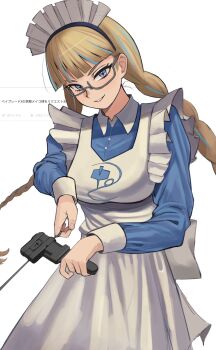 1girl absurdres apron beyblade beyblade_x blonde_hair braid braided_twintails breasts glasses grey-framed_eyewear highres holding long_hair looking_at_viewer maid maid_apron maid_headdress medium_breasts meiden_meiko michibata_anko print_apron smile solo standing translation_request white_apron