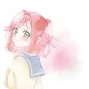 1girl aqua_eyes bow bowtie commentary from_behind grey_sailor_collar highres kurosawa_ruby looking_at_viewer looking_back love_live! love_live!_sunshine!! medium_hair mugiyounicos2 orange_bow orange_bowtie pink_background red_hair sailor_collar school_uniform serafuku shirt simple_background solo upper_body uranohoshi_school_uniform winter_uniform yellow_shirt