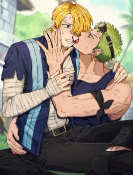 2boys ahoge arm_around_shoulder arm_around_waist bandaged_arm bandages bandana bandana_around_arm blonde_hair blood blue_eyes blue_jacket blue_shirt brown_eyes crbin25 crossed_legs curly_eyebrows ear_piercing earrings facial_hair frown goatee_stubble grabbing_another's_ass green_hair groping hair_over_one_eye hand_on_another's_face headgear highres jacket jewelry licking licking_another's_face licking_blood multiple_boys muscular no_shirt nosebleed one_eye_covered one_piece piercing roronoa_zoro sanji_(one_piece) shirt short_hair sideburns sitting sitting_on_lap sitting_on_person skypiea stubble sweatdrop toned toned_male tongue tongue_out torn_clothes yaoi