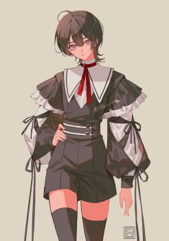 1boy :&lt; ahoge androgynous black_hair black_shorts black_thighhighs bow commentary cowboy_shot diami frilled_sleeves frills grey_background hair_between_eyes hand_on_own_hip head_tilt high-waist_shorts high_collar highres layered_sleeves long_sleeves looking_at_viewer male_focus original puffy_long_sleeves puffy_sleeves puritan_collar purple_eyes red_ribbon ribbon shirt_tucked_in short_hair short_over_long_sleeves short_sleeves shorts signature simple_background solo symbol-only_commentary thighhighs wolf_cut zettai_ryouiki