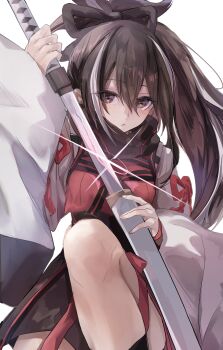 1girl absurdres black_hair black_scarf breasts brown_eyes fate/grand_order fate_(series) haori highres japanese_clothes katana kawakami_gensai_(fate) kawakami_gensai_(first_ascension)_(fate) long_hair long_sleeves looking_at_viewer medium_breasts multicolored_hair ponytail scarf solo streaked_hair sword weapon white_hair white_haori wide_sleeves zasyuu_11