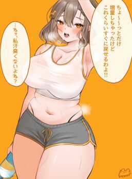 Rule 34 | 1girl, anis (nikke), arm up, armpits, belly, black panties, blush, bottle, breasts, brown eyes, brown hair, cat hair ornament, cleavage, goddess of victory: nikke, grey shorts, gym shorts, hair ornament, hairclip, highleg, highleg panties, holding, holding bottle, huge breasts, japanese text, large breasts, midriff, muffin top, navel, nekota nono, open mouth, panties, plastic bottle, plump, short hair, short shorts, shorts, signature, skindentation, solo, sports bra, standing, sweat, thick thighs, thighs, underwear, water bottle, whale tail (clothing), white sports bra, wide hips, yellow background