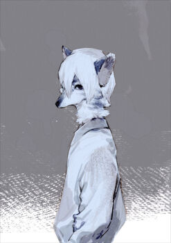 1boy black_eyes blue_fur blue_hair blue_sweater body_fur furry furry_male grey_background looking_at_viewer male_focus nagabe original short_hair solo sweater upper_body wolf_boy