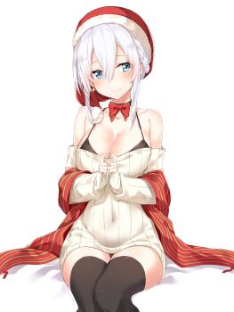 1girl absurdres bare_shoulders bikini bikini_top_only bikini_under_clothes black_panties black_thighhighs blue_eyes blush bow bowtie box braid breasts choker christmas cleavage collarbone commentary_request covered_navel dress earrings embarrassed female_focus hair_between_eyes hair_up hat head_tilt highres jewelry large_breasts looking_at_viewer off-shoulder_sweater off_shoulder original panties panty_peek ribbed_sweater santa_hat scarf shiny_skin sidelocks simple_background sitting solo star_(symbol) star_earrings sweater sweater_dress swimsuit takehana_note thighhighs twiddling_fingers underwear unworn_scarf white_background white_hair
