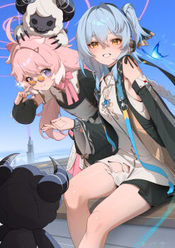 2girls black_jacket black_nails blue_butterfly blue_eyes blue_hair blue_sky borrowed_accessory breasts bug buling_(wuthering_waves) butterfly closed_mouth cloudy_(wuthering_waves) commentary cosmos_(wuthering_waves) day detached_sleeves dress encore_(wuthering_waves) fingernails hair_between_eyes hashtag-only_commentary highres insect jacket long_hair looking_at_viewer looking_over_eyewear meda multiple_girls nail_polish orange_eyes outdoors pink_hair pink_pupils pink_skirt round_eyewear side_ponytail sitting skirt sky small_breasts smile sunglasses symbol-shaped_pupils thighs torn_clothes torn_dress white_dress wuthering_waves