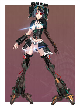 1girl 3d belt black_corset black_nails blue_hair bow calne_ca_(deino) censored censored_nipples corset cyborg deino_(deino3330) hair_bow heterochromia highres lens_flare light_censor looking_at_viewer mechanical_arms mechanical_legs nato-kun nipple_piercing no_panties original piercing red_eyes short_hair single_mechanical_arm solo syringe wire
