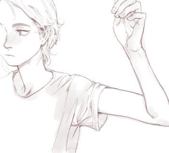 1girl bare_arms closed_mouth feason graphite_(medium) highres original shirt short_hair sketch t-shirt traditional_media upper_body very_short_hair white_background