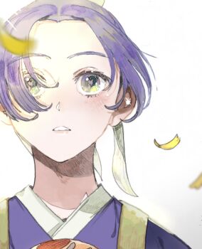 Rule 34 | 1boy, 1girl, aged down, blush, bun cover, chinese clothes, commentary request, eye reflection, falling petals, hair bun, hetero, jinshi (kusuriya no hitorigoto), kusuriya no hitorigoto, looking at another, male focus, maomao (kusuriya no hitorigoto), parted bangs, parted lips, petals, purple hair, reflection, tapon1030, updo, white background