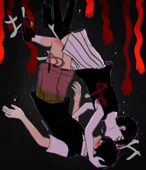 2boys antenna_hair artist_name black_hair black_shoes black_sweater_vest black_tank_top black_thighhighs blush brown_shorts closed_eyes collared_shirt colored_skin commentary dual_persona english_commentary highres loafers maisani male_focus multiple_boys omori omori_(omori) shirt shoes short_hair short_sleeves shorts socks striped_clothes striped_shorts sunny_(omori) sweater_vest tank_top thighhighs translation_request two-tone_shorts upside-down vertical-striped_clothes vertical-striped_shorts white_shirt white_shorts white_skin white_socks