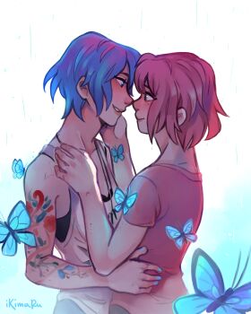 2girls arm_tattoo artist_name blue_butterfly blue_hair brown_hair bug butterfly chloe_price highres ikimaru insect life_is_strange_(series) life_is_strange_1 max_caulfield multiple_girls pink_shirt shirt short_hair short_sleeves tank_top tattoo upper_body white_tank_top yuri