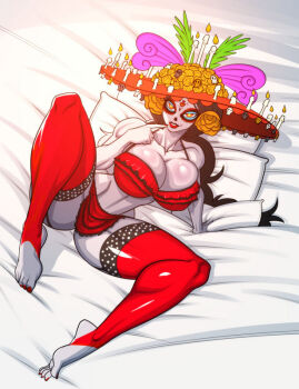 1girl barefoot bed bed_sheet black_hair bra breasts candle cleavage colored_skin commission dia_de_muertos finger_to_mouth frilled_bra frills from_above full_body garter_straps grey_skin groove1121 hat la_muerta_(character) large_breasts leaning_back lipstick long_hair looking_at_viewer lying makeup mexican_clothes narrowed_eyes on_back pillow pleated_skirt red_eyes skirt solo solo_focus sombrero spread_legs the_book_of_life thighhighs toned toned_female underwear