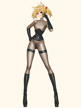 1girl absurdres ahoge alternate_costume animal_ear_fluff animal_ears arknights black_corset black_gloves blonde_hair bodysuit boots breasts brown_bodysuit corset crotch_zipper fridgephone full_body gloves hand_on_own_hip highres latex latex_bodysuit latex_boots latex_gloves looking_at_viewer medium_breasts platform_boots red_eyes shiny_clothes short_twintails skin_tight solo sora_(arknights) standing twintails
