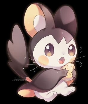 :o black_background blush_stickers commentary emolga food fruit gen_5_pokemon highres holding holding_food holding_fruit iwasi_29 nintendo no_humans open_mouth pear pokemon pokemon_(creature) pokemon_focus simple_background solo symbol-only_commentary twitter_username watermark