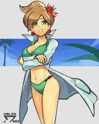 Rule 34 | 1girl, absurdres, alolan exeggutor, alolan form, arms under breasts, artist name, aurea juniper, bikini, breasts, brown hair, cleavage, coat, commentary, cowboy shot, creatures (company), crossed arms, earrings, english commentary, flower, game freak, gen 7 pokemon, green bikini, green eyes, hair flower, hair ornament, highres, jewelry, lab coat, long sleeves, navel, nintendo, open clothes, open coat, orlek, pokemon, pokemon (creature), pokemon bw, swimsuit, white coat
