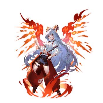 1girl alternate_costume blunt_bangs fiery_wings fire fujiwara_no_mokou full_body highres long_hair official_art pants red_pants shirt smile solo tachi-e tagme touhou touhou_gensou_eclipse u_u_zan white_background white_hair white_shirt wings