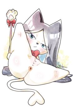 1girl absurdres anus artist_name ass ass_focus black_hair blue_eyes blush bow censored chibikemo closed_mouth dated female_focus go!_princess_precure highres long_hair miss_siamour nanaeljustice precure pussy red_bow solo spread_legs tail toei_company twintails wand