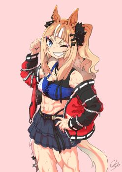 1girl abs animal_ear_piercing animal_ears bare_shoulders black_skirt blue_eyes blue_sports_bra breasts brown_hair clenched_hand espoir_city_(red_devil_gear)_(umamusume) espoir_city_(umamusume) grin hand_on_own_hip hand_up highres horse_ears horse_girl horse_tail jacket looking_at_viewer midriff moriseishiro_(uroshiiserimo) multicolored_hair multicolored_jacket multicolored_nails multicolored_sports_bra muscular muscular_female one_eye_closed orange_hair pink_background red_jacket simple_background skirt small_breasts smile solo sports_bra streaked_hair sweat tail teeth umamusume white_streaks