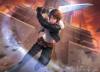 1boy belt black_gloves black_jacket black_pants boots copyright_notice final_fantasy final_fantasy_viii fuji_q fur-trimmed_jacket fur_trim gloves gunblade holding holding_weapon jacket jewelry loose_belt magic:_the_gathering multiple_belts necklace official_art pants scar scar_on_face short_hair slashing solo squall_leonhart weapon