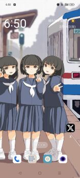 3girls alternate_hair_color blue_sailor_collar blue_serafuku blue_shirt blue_skirt braid clock dress etorofu_(kancolle) fake_phone_screenshot fake_screenshot highres kantai_collection low_twintails mikura_(kancolle) multiple_girls neckerchief pleated_dress sailor_collar school_uniform serafuku shirt short_hair side_braids skirt socks standing toplow train train_station twin_braids twintails twitter_x_logo ukuru_(kancolle) white_neckerchief white_socks