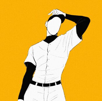 Rule 34 | 1boy, arm up, baseball cap, baseball uniform, belt, black belt, black hat, black shirt, black sleeves, buttons, colored skin, cowboy shot, faceless, facing to the side, hand on own hat, hat, layered shirt, long sleeves, male focus, no eyes, no mouth, no nose, off (game), pants, shirt, short sleeves, simple background, solo, sportswear, tanblaque, the batter (off), undershirt, white pants, white shirt, white skin, yellow background