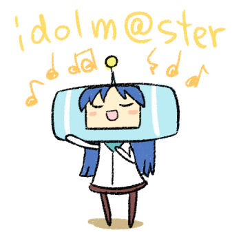 1girl arm_up blue_hair brown_pants chan_co closed_eyes copyright_name full_body idolmaster idolmaster_(classic) idolmaster_1 katamari_damacy kisaragi_chihaya long_hair music musical_note namco open_mouth pants parody shirt simple_background singing solo standing white_background white_shirt