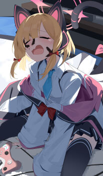 1girl absurdres animal_ear_headphones animal_ears black_skirt black_thighhighs blonde_hair blue_archive blue_necktie bow cat_ear_headphones cat_ears cat_tail chinese_commentary closed_eyes commentary controller fake_animal_ears game_controller hair_bow headphones highres momoi_(blue_archive) necktie open_mouth red_bow shirt sitting skirt tail tail_bow tail_ornament tail_raised tears thighhighs wako_(1194433260) white_shirt