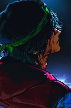 Rule 34 | 1boy, adam's apple, biker (hotline miami), blood, blood on face, blue hair, commentary, green headband, hair over eyes, headband, highres, hood, hood down, hooded jacket, hotline miami, injury, jacket, male focus, parted hair, parted lips, sleeveless, sleeveless jacket, solo, symbol-only commentary, tatsu (tatsumccree), twitter username, upper body