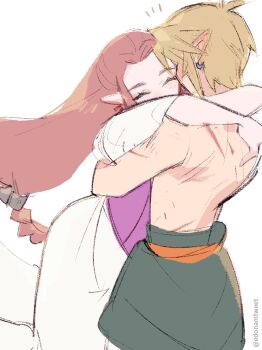 1boy 1girl arm_around_back arms_around_neck blonde_hair brown_hair closed_eyes couple cowboy_shot dress earrings hetero highres jewelry link long_dress long_hair low-tied_long_hair manodemarina nintendo parted_bangs pink_tunic pointy_ears princess_zelda scar scar_on_arm scar_on_back short_hair sidelocks sketch the_legend_of_zelda the_legend_of_zelda:_twilight_princess topless_male tunic white_background white_dress