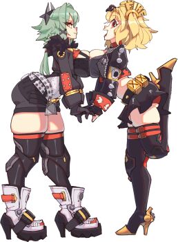 2girls ass black_gloves black_horns black_jacket black_skirt black_thighhighs black_tube_top blonde_hair boots breast_press breasts burnice_white caesar_king_(zenless_zone_zero) closed_mouth commentary crop_top english_commentary eyewear_on_head from_side full_body fur-trimmed_jacket fur_trim gloves green_hair hair_intakes hair_ornament high_heel_boots high_heels highres holding_hands horns jacket large_breasts leg_up long_hair looking_at_viewer looking_to_the_side multiple_girls open_mouth red-tinted_eyewear red_eyes rtil short_hair simple_background skirt smile spiked_belt spiked_jacket standing standing_on_one_leg strapless sunglasses thick_thighs thighhighs thighs tinted_eyewear tube_top twintails white_background yellow_eyes zenless_zone_zero