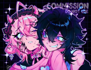 2boys animal_ears coat cuts glittermoonie headdress horns injury multiple_boys non-web_source off_shoulder pink_coat smile sweat wolf