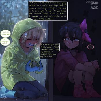 Rule 34 | ..., 1boy, 1girl, 2023, alternate costume, alternate universe, animal, artist name, aubrey (faraway) (omori), aubrey (omori), basil (faraway) (omori), basil (omori), black eyes, black hair, black pants, black shorts, blonde hair, blue boots, blue gloves, boots, closed eyes, crying, crying with eyes open, english text, frog, gloves, green raincoat, hairband, highres, holding, holding animal, kneeling, knees up, left-to-right manga, long hair, madnopost, mole, mole under mouth, omori, open mouth, pants, pink hairband, pink shirt, rain, raincoat, rubber boots, shirt, short hair, shorts, sitting, socks, speech bubble, spoken ellipsis, t-shirt, tears, teeth