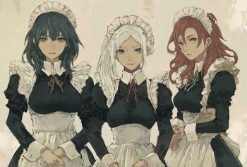 3girls alternate_costume apron black_dress blue_eyes breasts brown_hair closed_mouth commentary_request dress edelgard_von_hresvelg enmaided female_byleth_(fire_emblem) fire_emblem fire_emblem:_three_houses green_hair green_ribbon hair_between_eyes hapi_(fire_emblem) highres large_breasts long_sleeves maid maid_apron maid_headdress medium_breasts medium_hair multiple_girls neck_ribbon nintendo nutori_manga orange_ribbon puffy_long_sleeves puffy_sleeves red_ribbon ribbon side_ponytail smile white_hair