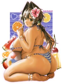 1girl ass bikini blue_background blue_bikini breasts brown_eyes brown_hair character_name cherry closed_mouth flower food fruit full_body hair_flower hair_intakes hair_ornament hairclip heart highres huge_breasts lemon lemon_slice long_hair looking_at_viewer meisharan nanaco_(meisharan) orange_(fruit) orange_slice original pineapple pineapple_slice plump solo striped_bikini striped_clothes swimsuit thick_arms thick_thighs thighs watermelon watermelon_slice white_bikini