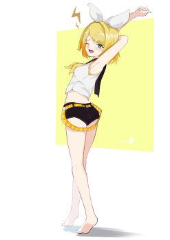 1girl absurdres arm_behind_head armpits arms_up ass barefoot be_yond3 belt black_shorts blonde_hair blue_eyes bow commentary_request hair_bow hair_ornament hairclip highres kagamine_rin looking_at_viewer neckerchief one_eye_closed open_mouth parallel_hairclips short_hair shorts simple_background stretching tears vocaloid white_bow yellow_belt yellow_neckerchief yellow_trim