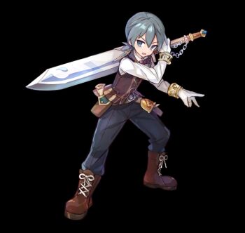 1boy belt belt_pouch black_background black_pants boots bow bowtie brown_boots brown_vest collared_shirt fighting_stance full_body gloves grey_eyes grey_hair holding holding_sword holding_weapon huge_weapon long_sleeves lorenzo_(merc_storia) merc_storia merc_storia_art_team official_art open_mouth pants pouch purple_bow shirt simple_background solo standing sword tachi-e tsurime v-shaped_eyebrows vest weapon white_gloves white_shirt