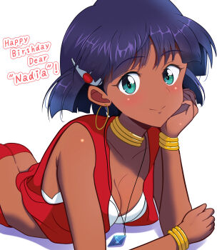 1girl bandeau birthday bob_cut bracelet breasts closed_mouth commentary_request cropped_vest dark-skinned_female dark_skin earrings fushigi_no_umi_no_nadia gratin_(kumaisao) green_eyes hair_ornament hairclip happy_birthday highres hoop_earrings jewelry lying midriff nadia_la_arwall neck_ring necklace on_stomach purple_hair short_hair smile solo strapless the_pose tube_top vest white_background white_bandeau