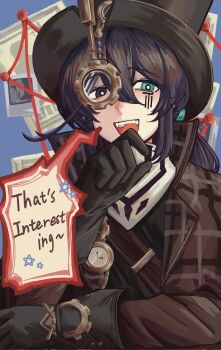 1boy :d abab53709317 bandana black_eyes black_gloves black_hair black_shirt blue_background blue_eyes brown_capelet brown_coat capelet coat fangs gears gloves hat heterochromia highres hong_lu_(project_moon) limbus_company long_hair looking_at_viewer low_ponytail male_focus monocle open_mouth plaid_capelet plaid_clothes plaid_coat ponytail project_moon shirt simple_background smile solo speech_bubble steampunk top_hat upper_body white_bandana yurodiviye_(identity)_(project_moon)