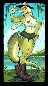 1girl absurdres black_border blonde_hair boots border brown_boots brown_hat colored_sclera colored_skin crocodile_girl crop_top denim denim_shorts full_body furry furry_female grass green_shorts green_skin green_tail hat hat_tip hernyed highres long_hair looking_at_viewer open_mouth orange_eyes original outside_border sharp_teeth short_shorts shorts solo tank_top teeth white_tank_top yellow_sclera