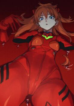 1girl blood blue_eyes blurry bodysuit breasts cameltoe crotch depth_of_field eyelashes foreshortening hair_between_eyes hairpods highres lcl long_hair looking_at_viewer low_angle mecha_pilot_suit medium_breasts neon_genesis_evangelion open_mouth orange_hair partially_submerged plugsuit_(evangelion) red_bodysuit sameda_koban shiny_clothes skin_tight souryuu_asuka_langley two_side_up very_long_hair wide_hips