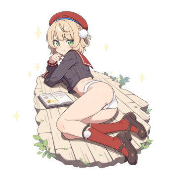 1girl ass beret book braid brown_hair brown_shoes closed_mouth full_body green_eyes grey_shirt hand_up hat hatsunatsu indie_virtual_youtuber long_sleeves lying navel no_pants on_floor on_side open_book panties pinstripe_pattern pinstripe_shirt puffy_long_sleeves puffy_sleeves red_hat red_sailor_collar red_socks sailor_collar shigure_ui_(vtuber) shirt shoes smile socks solo sparkle underwear virtual_youtuber white_background white_panties wooden_floor