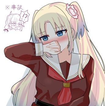 Rule 34 | 2girls, ahoge, anyoji hime, blonde hair, blue eyes, blue hair, blunt sidelocks, blush, breasts, brown dress, chibi, chibi inset, covering own mouth, dress, embarrassed, flower, gradient hair, hair flower, hair ornament, hand over own mouth, hasu no sora school uniform, highres, hisho (rythm hisho), link! like! love live!, long sleeves, love live!, medium breasts, multi-tied hair, multicolored hair, multiple girls, neckerchief, nose blush, osawa rurino, pink flower, ponytail, red neckerchief, sailor collar, sailor dress, school uniform, sidelocks, solo focus, upper body, virtual youtuber, white sailor collar, winter uniform