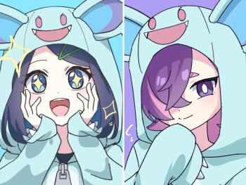 2girls :d black_hair blue_background blue_eyes blue_hair blue_hood blue_hoodie blush closed_mouth colored_inner_hair commentary_request dot_(pokemon) hair_ornament hair_over_one_eye hairclip hands_on_own_face highres hood hoodie liko_(pokemon) long_sleeves looking_at_viewer multicolored_hair multiple_girls nidothing nintendo open_mouth pink_hair pokemon pokemon_(anime) pokemon_horizons purple_background purple_eyes purple_hair rio_rio0424 short_hair sleeves_past_fingers sleeves_past_wrists smile star-shaped_pupils star_(symbol) symbol-shaped_pupils teeth two-tone_background two-tone_hair upper_body upper_teeth_only zipper_pull_tab