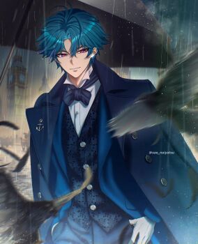 1boy black_umbrella blue_coat blue_hair blue_jacket blue_vest brant_(wuthering_waves) coat coat_on_shoulders commentary cowboy_shot gloves hair_between_eyes highres jacket looking_at_viewer male_focus multicolored_hair outdoors parted_lips pink_eyes rain sae_naiyatsu short_hair smile solo streaked_hair twitter_username umbrella vest waistcoat white_gloves wuthering_waves