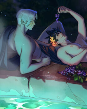 2boys abs arm_up black_hair black_sclera colored_sclera commentary elbow_rest english_commentary food fruit grapes hades_(series) highres holding holding_grape lap_pillow laurel_crown leaf looking_at_another male_focus multiple_boys nude parted_hair pectorals red_eyes signature smtorama spiked_hair thanatos_(hades) toned toned_male undercut water white_hair yellow_eyes zagreus_(hades)