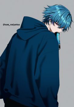 Rule 34 | 1boy, alternate costume, blue hair, blue hoodie, brant (wuthering waves), can, commentary, drink can, earrings, english commentary, from behind, grey background, hair between eyes, highres, hood, hood down, hoodie, jewelry, looking at viewer, looking back, male focus, monster energy, mouth hold, multicolored hair, pink eyes, sae naiyatsu, short hair, simple background, solo, streaked hair, twitter username, wuthering waves