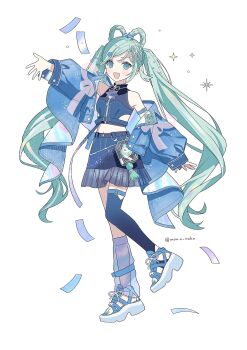 1girl arm_up asymmetrical_legwear blue_skirt blue_thighhighs blush braid commentary crop_top full_body hair_ornament hashtag-only_commentary hatsune_miku highres jacket long_hair magical_mirai_(vocaloid) magical_mirai_miku magical_mirai_miku_(2025) midriff moo_n_moko nail_polish navel official_alternate_costume official_alternate_hairstyle open_clothes open_jacket open_mouth shoes simple_background skirt smile solo stomach thighhighs toenail_polish toenails twin_braids twintails very_long_hair vocaloid white_background white_shoes